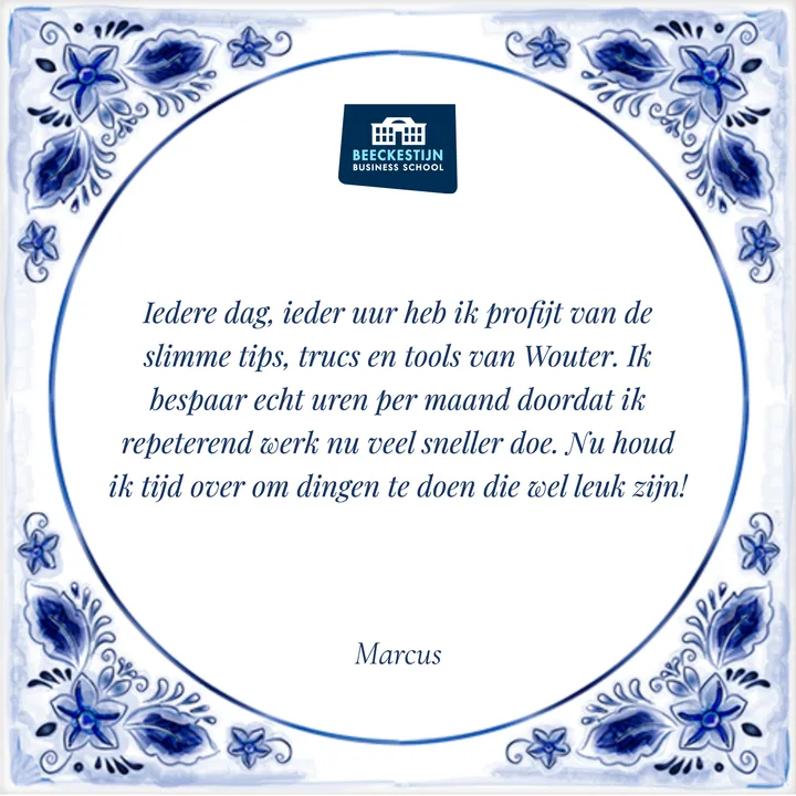 Delfts blauw bedanktegeltje van Beeckestijn Business School met Beeckestijn-logo bovenaan