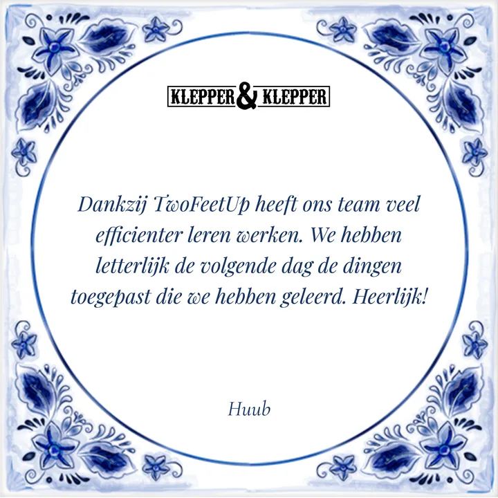Delfts blauw bedanktegeltje van Klepper & Klepper met Klepper & Klepper logo bovenaan