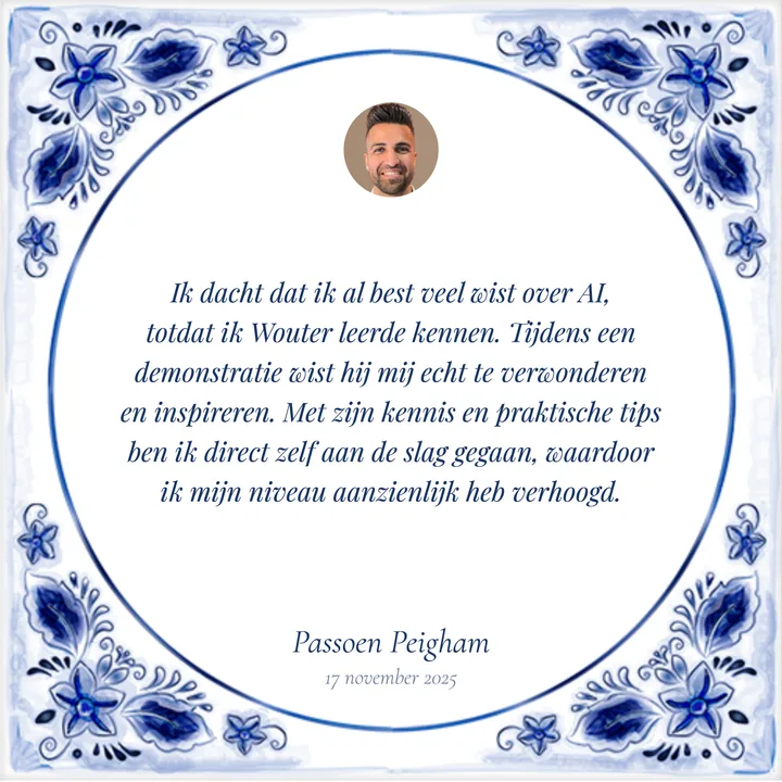 Delfts blauw bedanktegeltje van Passoen Peigham met portretfoto bovenaan